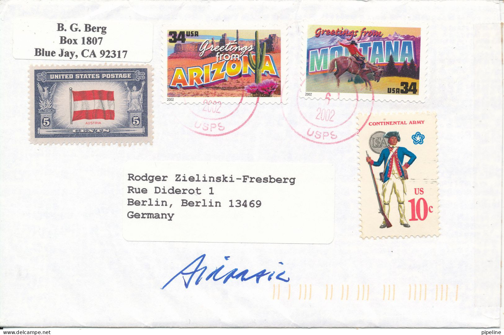 USA Cover Sent Air Mail To Germany 2002 With Old And Modern Stamps (overrun Country Austrian  Flag) - Brieven En Documenten