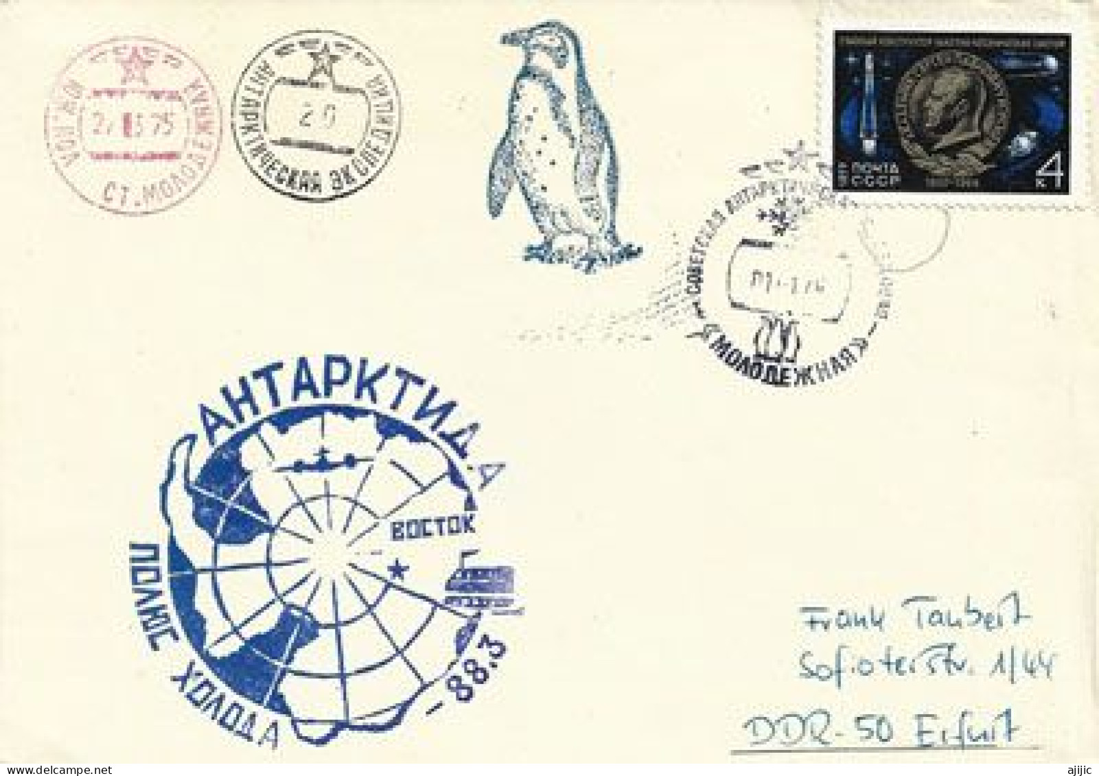 Penguins,     Expedition Soviétique 1975 (lettre), Base Antarctique VOSTOK, Adressée En Allemagne (RDA) - Fauna Antartica