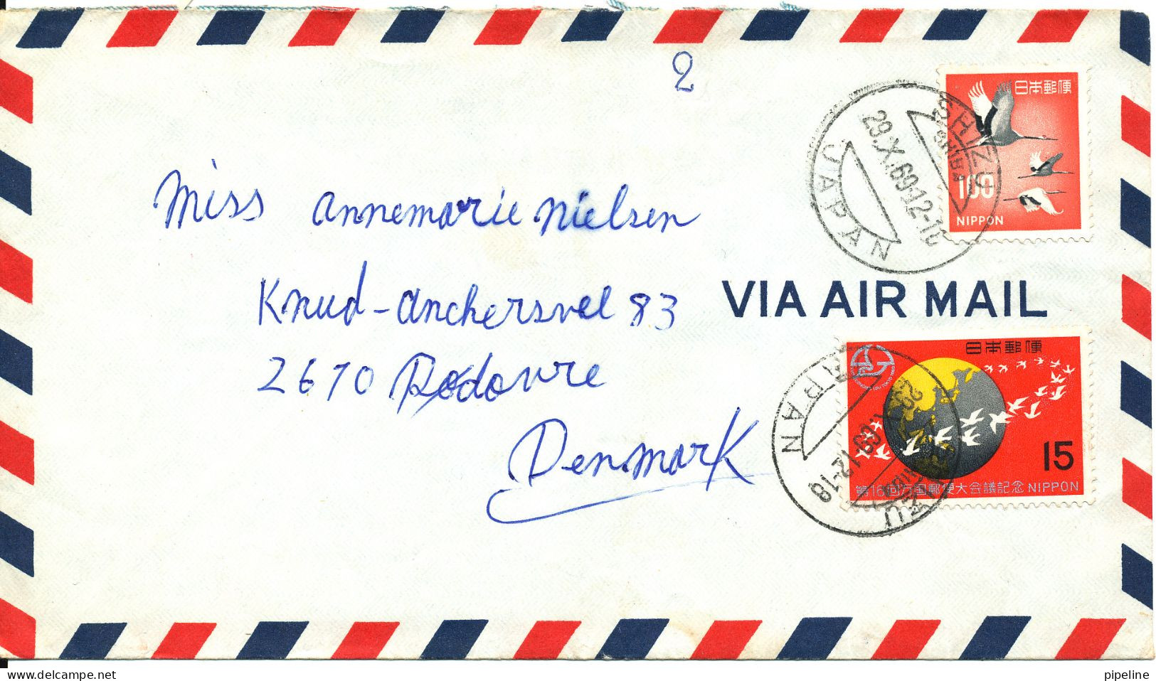 Japan Air Mail Cover Sent To Denmark Shizu 29-10-1969 - Corréo Aéreo