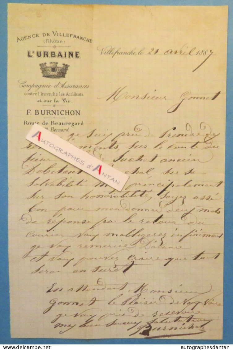 ● Villefranche Sur Saône Lettre 1887 L'Urbaine Assurances F. BURNICHON - Claude Suchet Débitant à Ronchal - Gonnet - Bank & Insurance