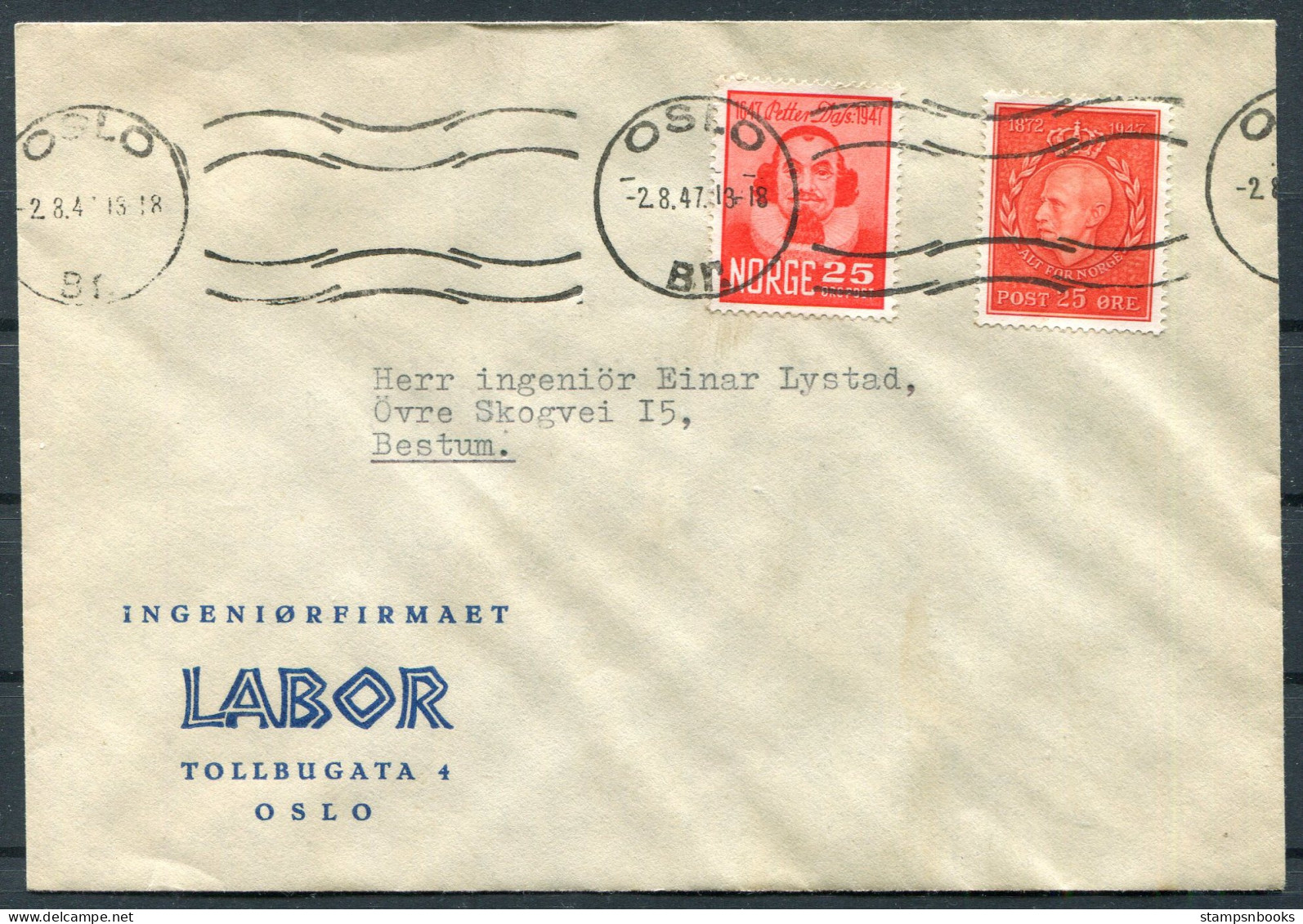 1947 Norway Oslo Ingeniorfirmaet LABOR Cover - Bestum  - Briefe U. Dokumente