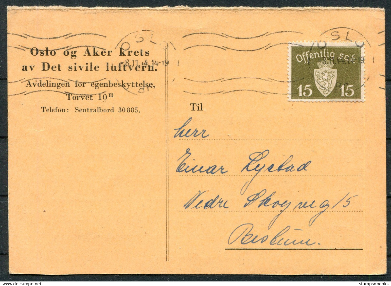 1944 Norway Oslo Luftvernsjefen Tjansteffrimarken Officials Postcard  - Lettres & Documents