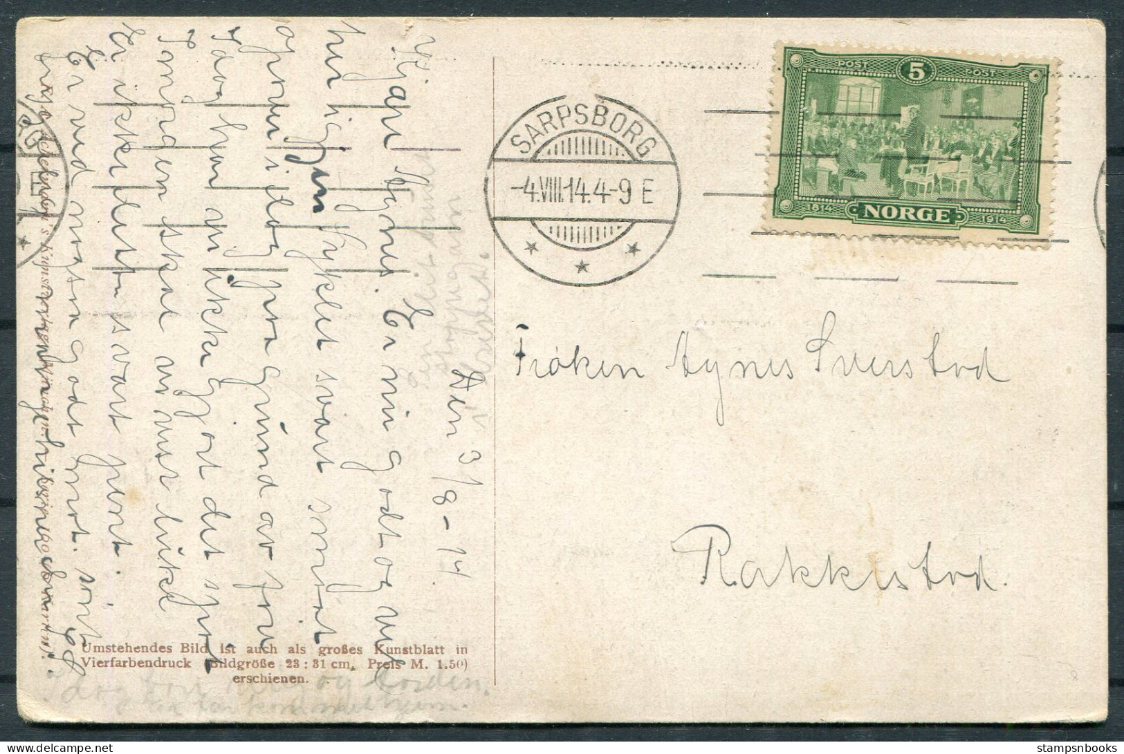 1914 Norway Richard Wagner Postcard, 5ore Eidsvoll Sarpsborg Machine Cancel  - Covers & Documents
