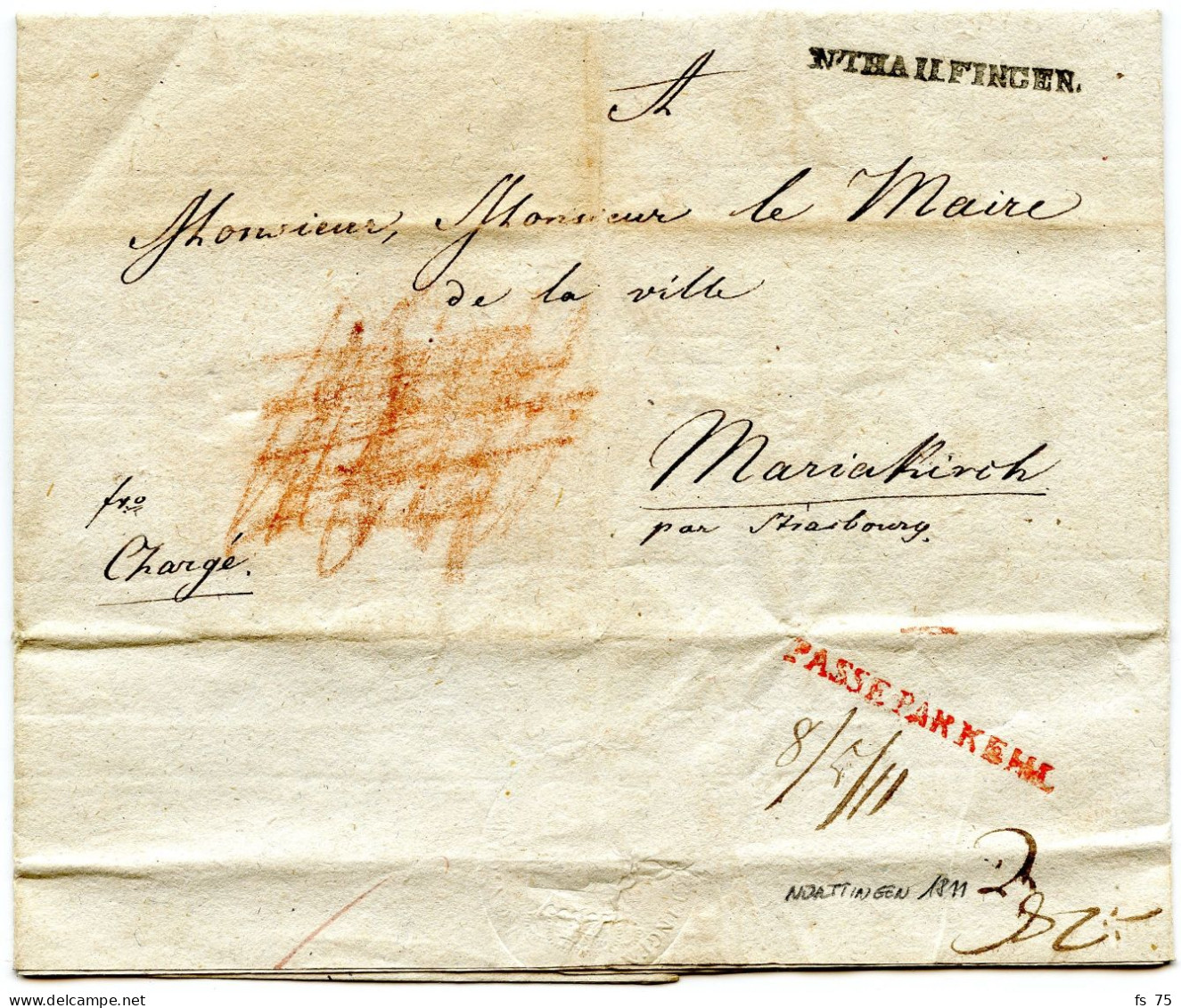 ALLEMAGNE - NTHIIFINGEN + PASSE PAR KEHL SUR LETTRE CHARGEE DE NURTTINGEN POUR STRASBOURG, 1811 - Préphilatélie