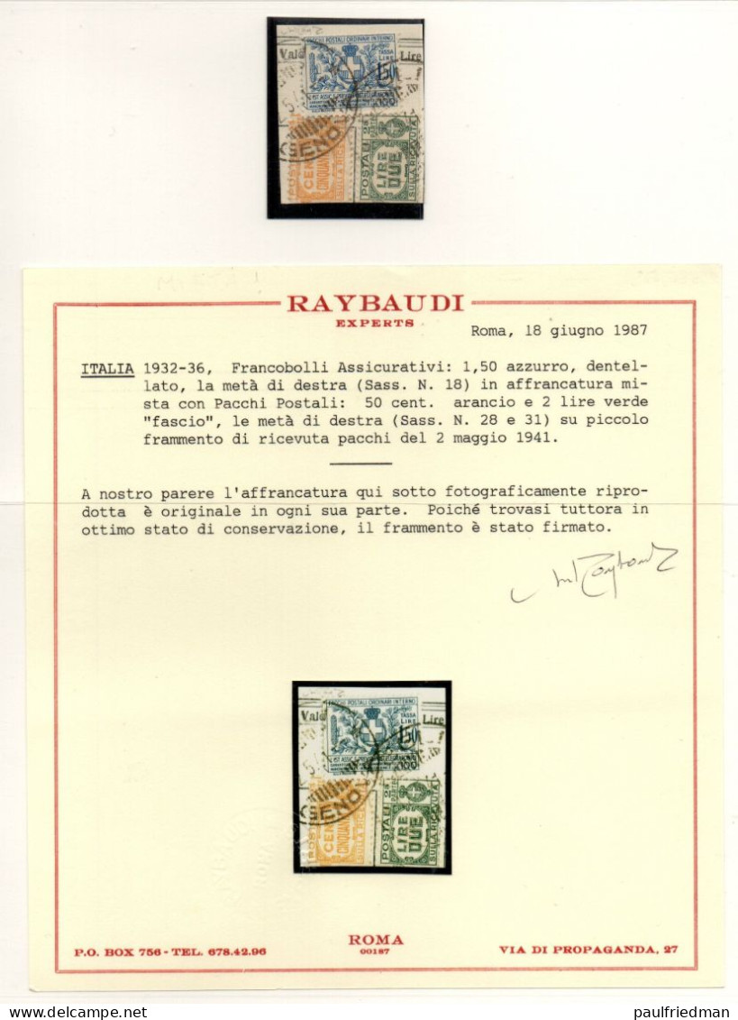 Regno 1936 - Frammento Ricevuta Pacchi Con Assicurativo  1,50 L. Del 1941 - Certificato Raybaudi - Pacchi Postali