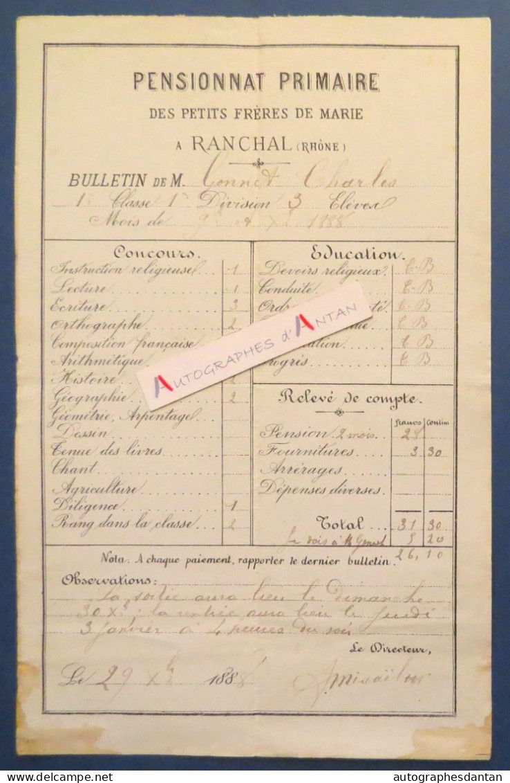 ● RANCHAL 1888 Pensionnant Primaire Des Petits Frères De Marie - Bulletin Scolaire Charles Gonnet - Rare Document - Diplomi E Pagelle