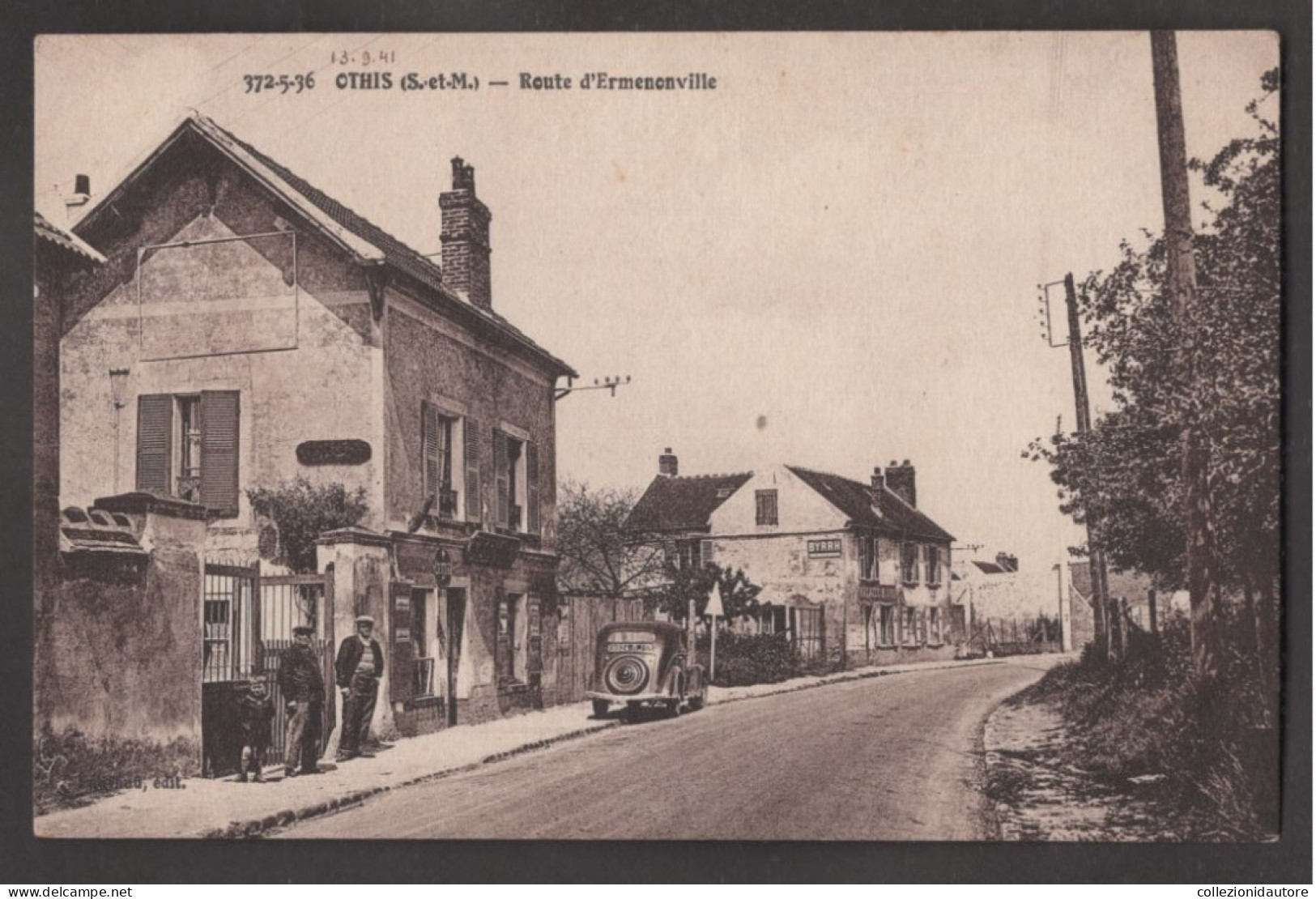 OTHIS - ROUTE D'ERMENONVILLE - CARTOLINA FP DATATA 13.9.1941 - CAFÉ TABAC - ANIMATA - AUTO D'EPOCA - Othis