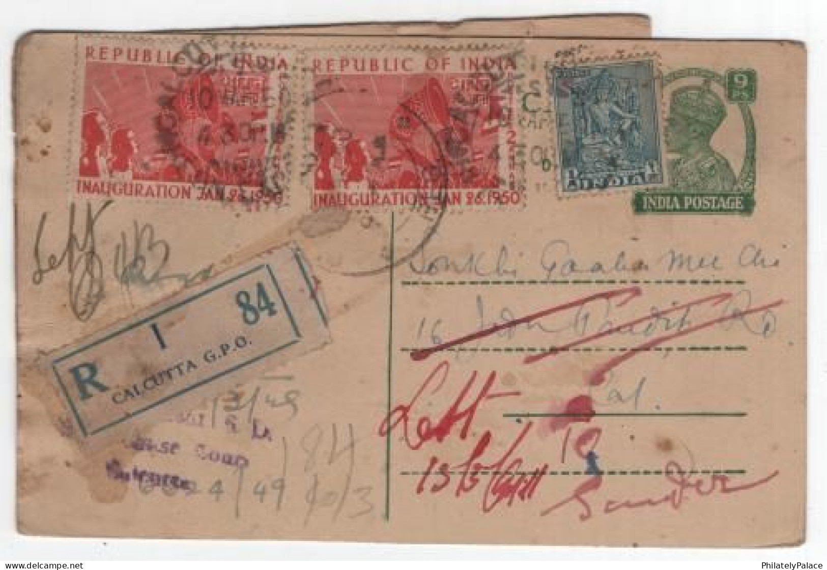 British India 1950 Republic,King George VI 9 Ps Post Card ,Registered With Acknowledgement, Returned, (**) Inde Indien - Brieven En Documenten