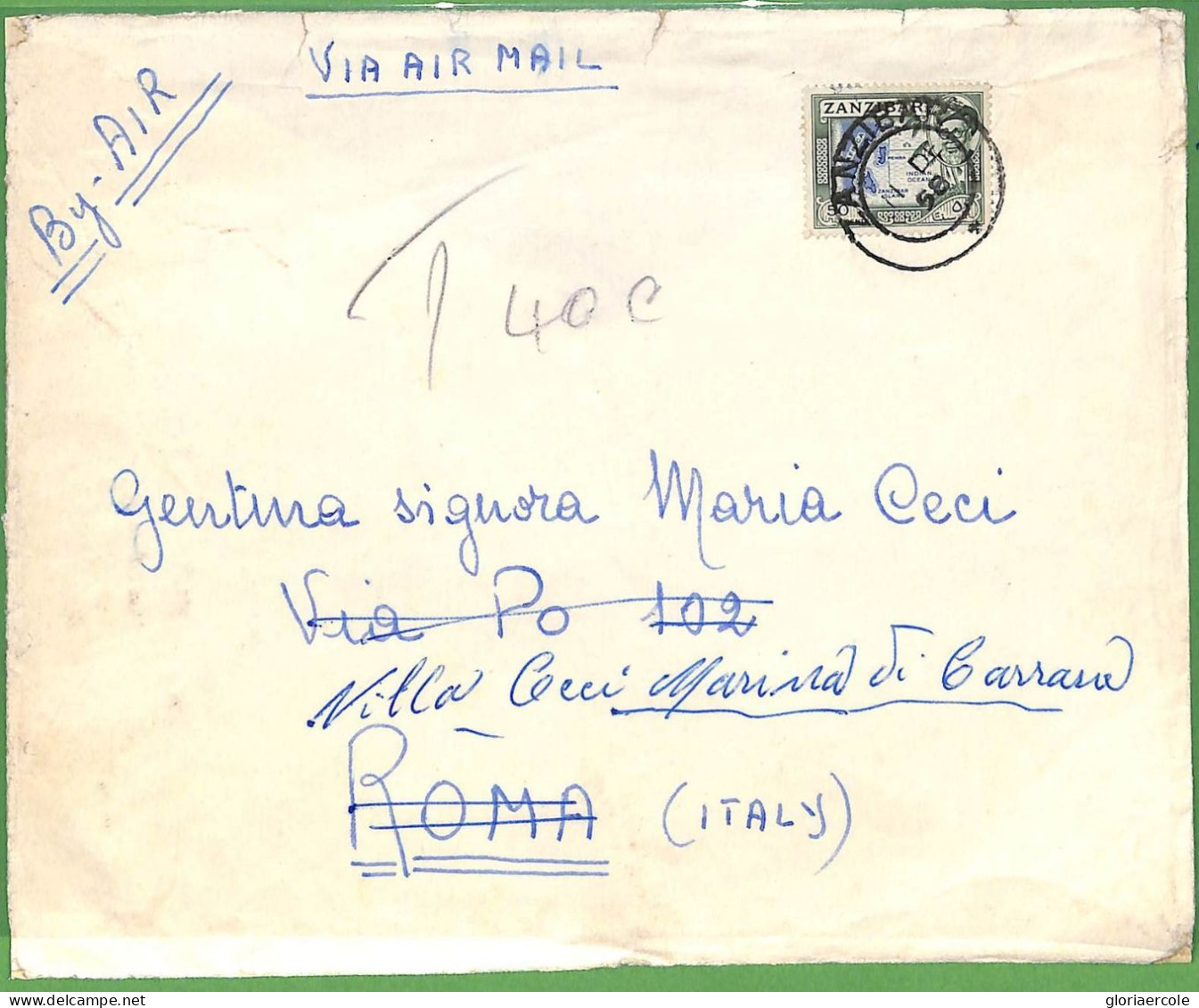 ZA1509 -  ZANZIBAR - POSTAL HISTORY - OVERSIZED COVER To Italy 1958 - TAXED!! - Zanzibar (1963-1968)