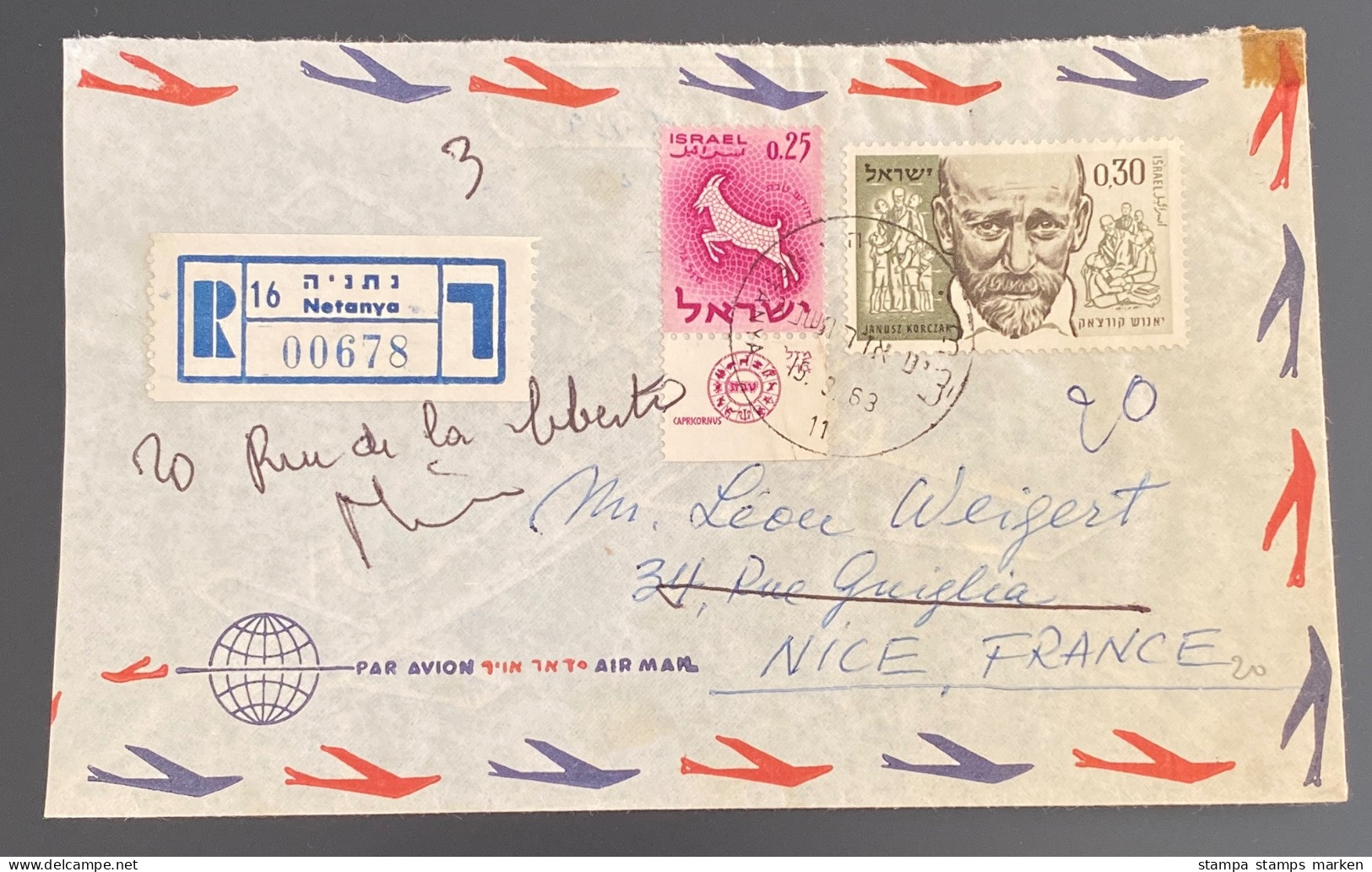ISRAEL 1963 Rec-Letter From NETANYA To NICE France With 2 Stamps (Caprkornus With Tab) - Oblitérés (avec Tabs)