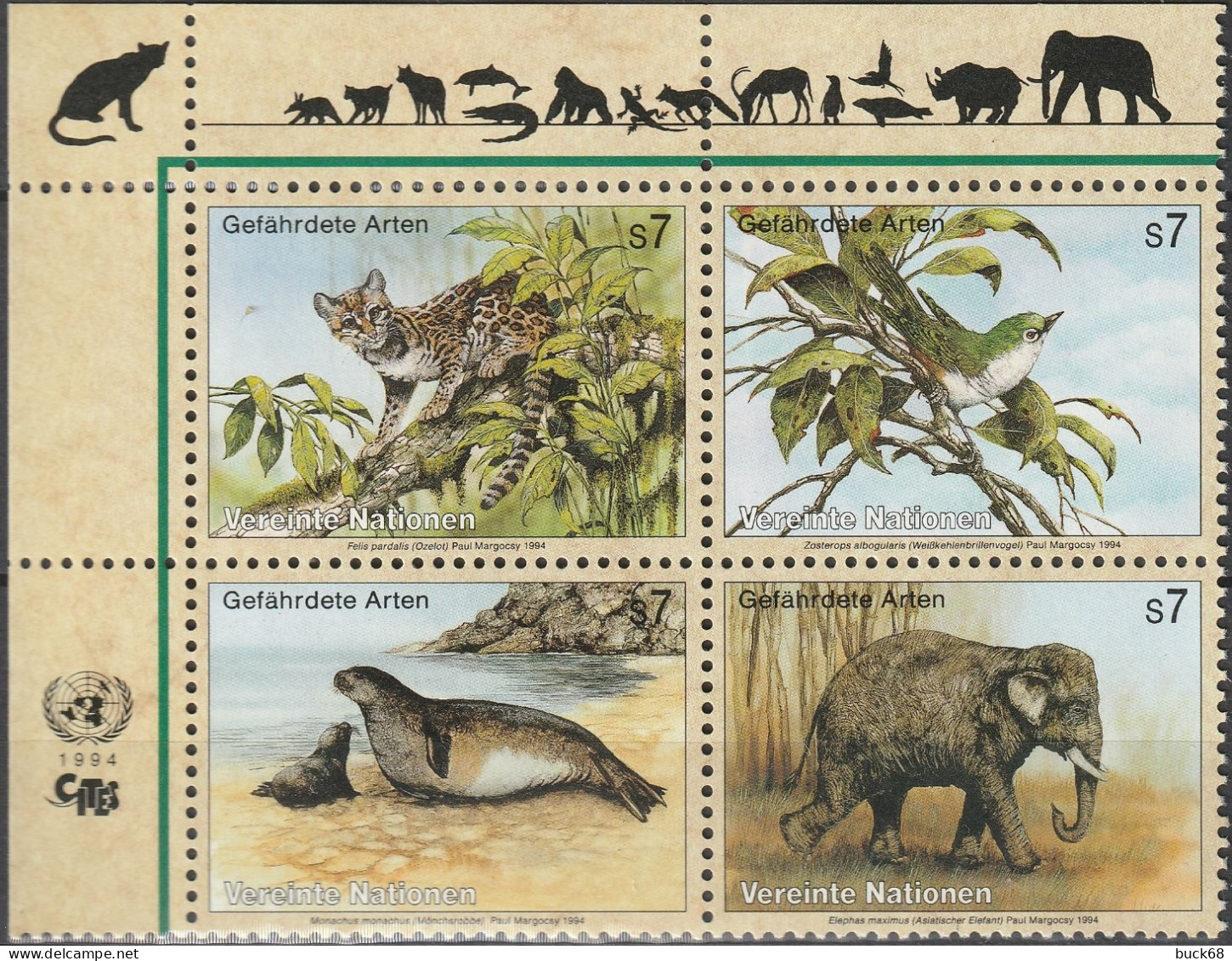 ONU UNO WIEN VIENNE Poste 182 à 185 ** MNH Ocelot Phoque Moine Zostérops éléphant Elefant (CV 9,60 €) 1994 - Unused Stamps