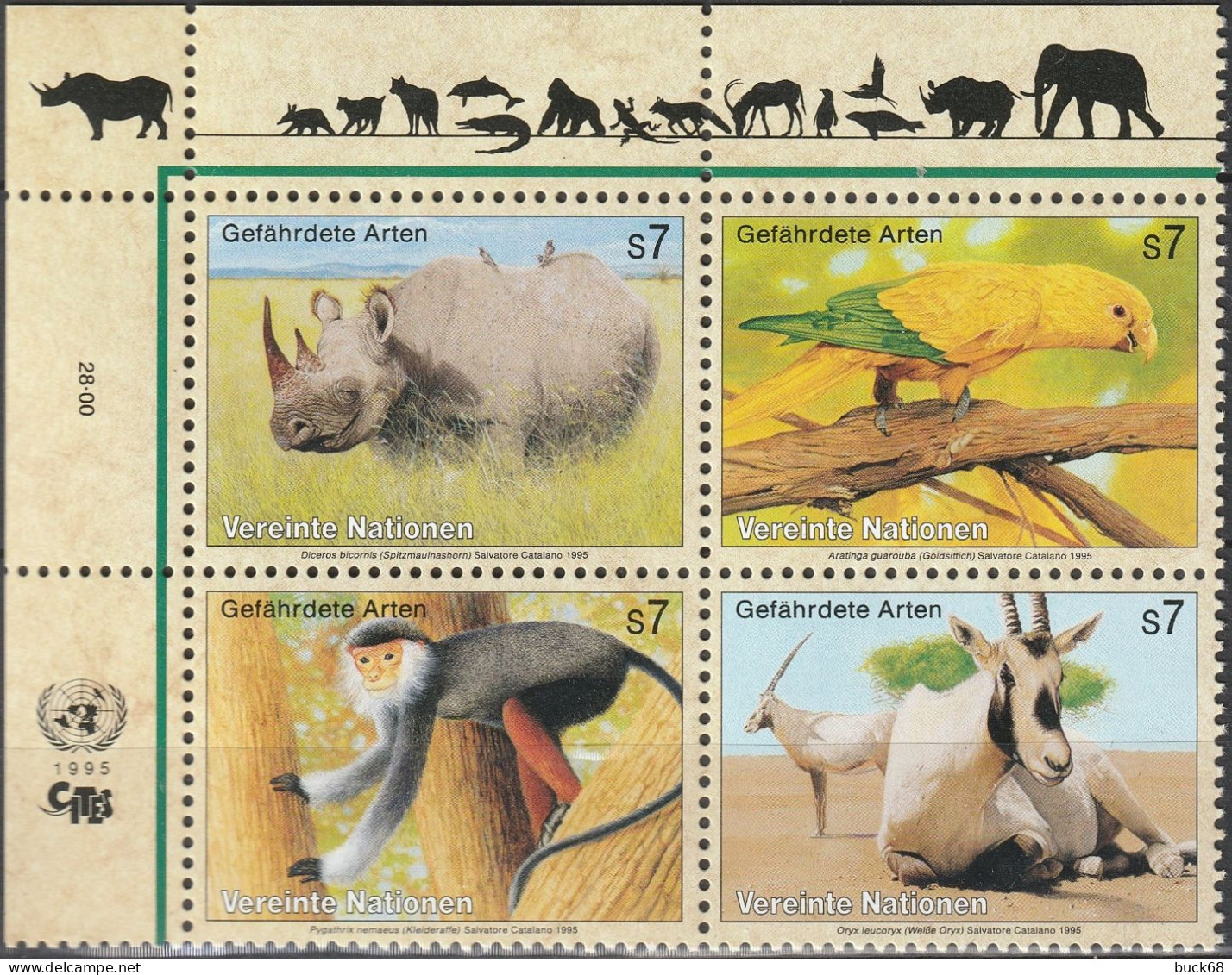 ONU UNO WIEN VIENNE Poste 200 à 203 ** MNH Rhinocéros Oryx Singe Pygathrix  Conure Dorée (CV 9,60 €) 1995 - Nuovi