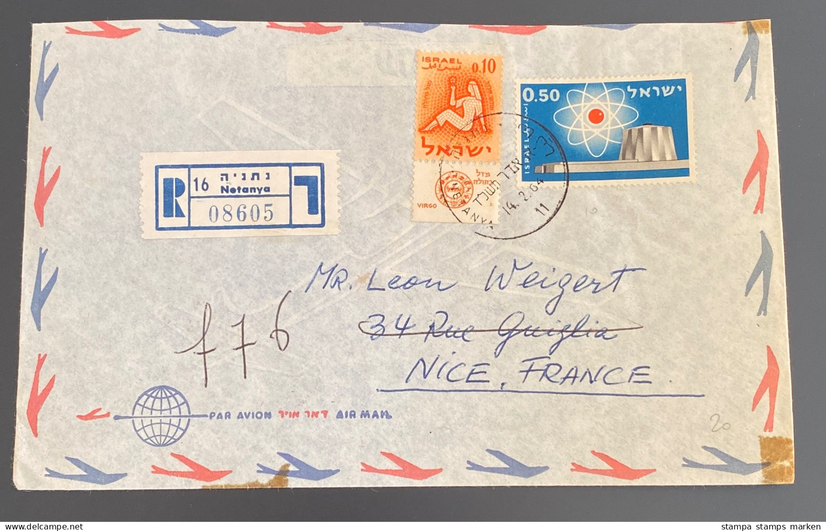 ISRAEL 1964 Rec-Letter From NETANYA To NICE France With 2 Stamps (Virgo With Tab) - Gebraucht (mit Tabs)