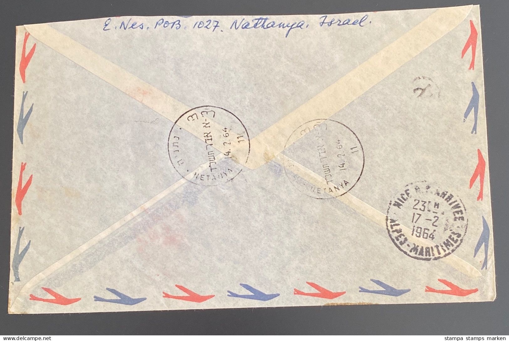 ISRAEL 1964 Rec-Letter From NETANYA To NICE France With 2 Stamps (Virgo With Tab) - Oblitérés (avec Tabs)