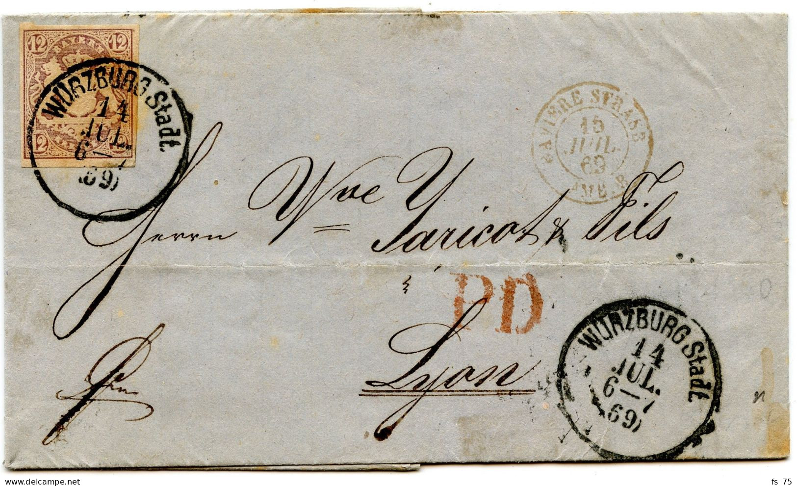 ALLEMAGNE - 12 KR SUR LETTRE DE WURZBURG POUR LYON, 1869 - Brieven En Documenten