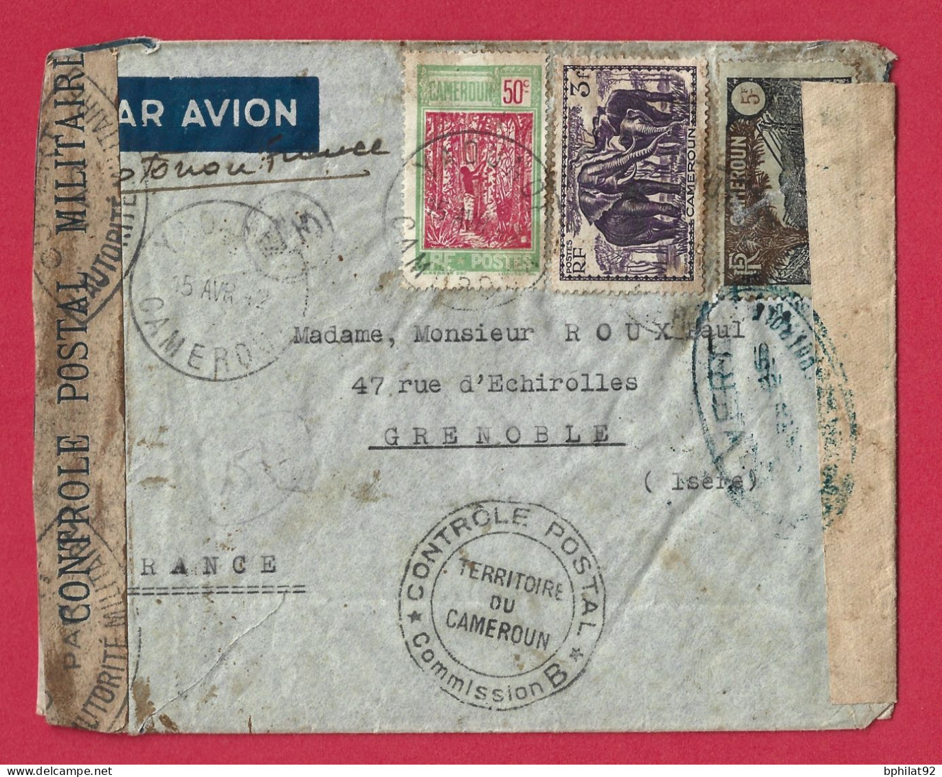 !!! CAMEROUN, LETTRE PAR AVION DE YAOUNDE POUR LA FRANCE DE 1942 AVEC CENSURES MILITAIRES MULTIPLES - Airmail