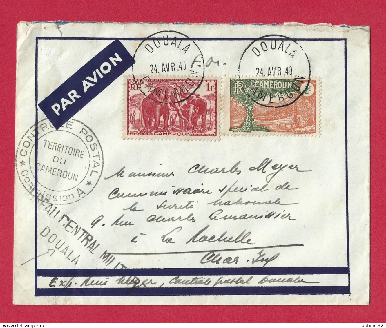 !!! CAMEROUN, LETTRE FM PAR AVION DE DOUALA POUR LA FRANCE DE 1940 AVEC CACHET LINÉAIRE DU BUREAU CENTRAL MILITAIRE - Poste Aérienne