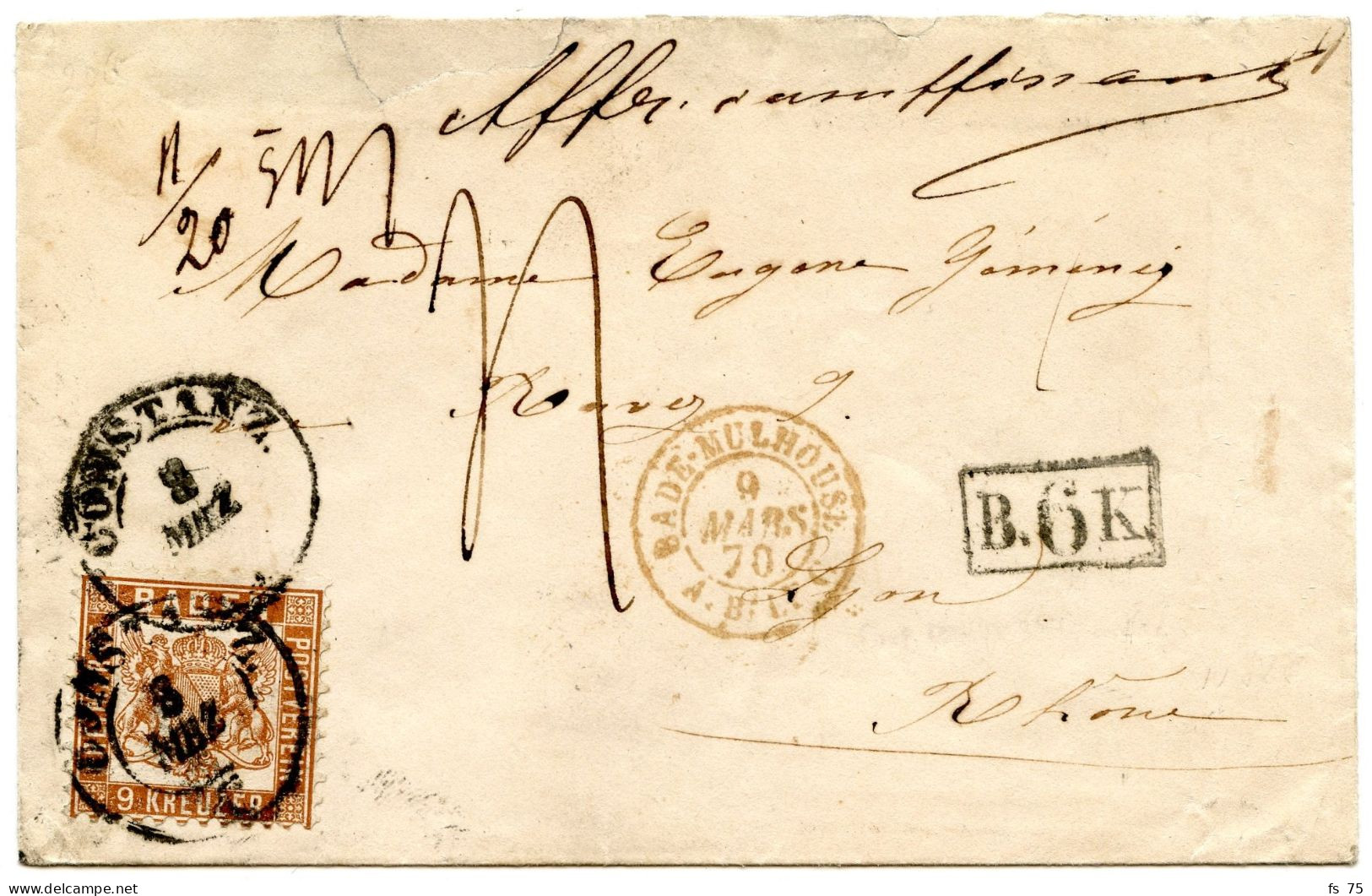 ALLEMAGNE - BADE - 9KR SUR LETTRE DE CONSTANCE POUR LYON B.6K. + AFFRANCHISSEMENT INSUFFISANT + TAXE 4, 1870 - Covers & Documents