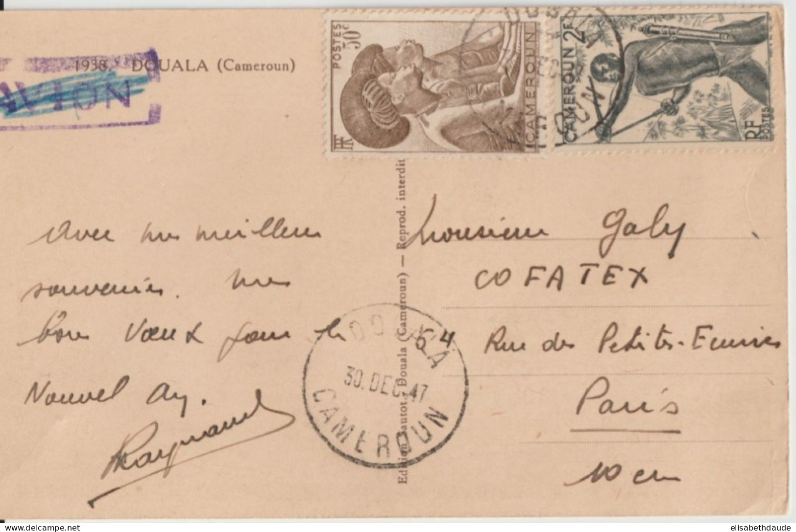 1947 - CAMEROUN - CARTE DE DOUALA => PARIS - Cartas & Documentos