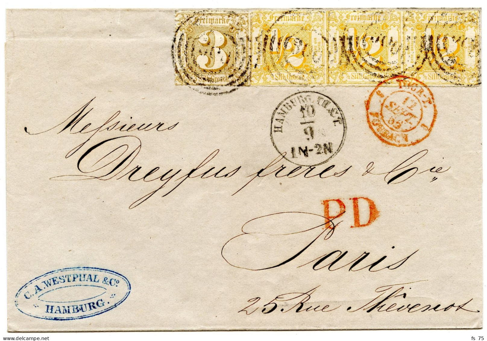 ALLEMAGNE - TOURS ET TAXIS - 1/2 SB6 X3 + 3 SB6 SUR LETTRE D'HAMBOURG POUR PARIS, 1866 - Storia Postale