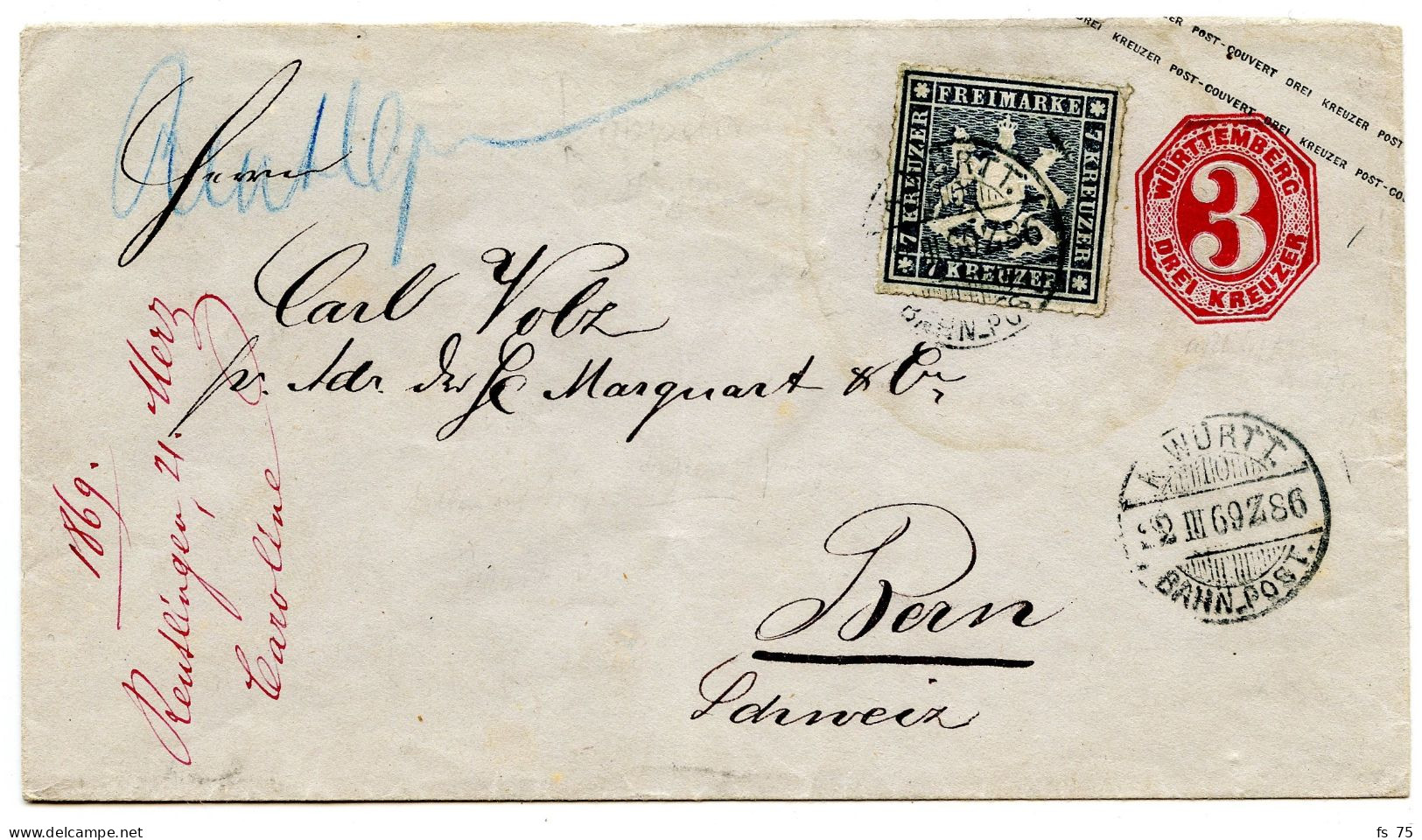 ALLEMAGNE - WURTEMBERG - 7 KR SUR ENTIER 3KR POUR LA SUISSE, 1869 - Covers & Documents