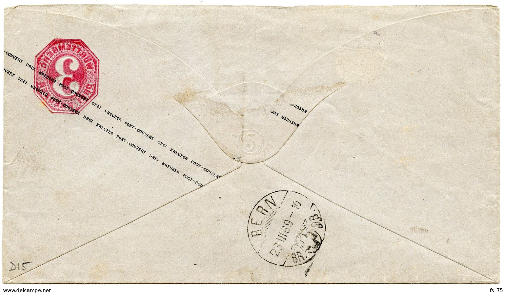 ALLEMAGNE - WURTEMBERG - 7 KR SUR ENTIER 3KR POUR LA SUISSE, 1869 - Storia Postale
