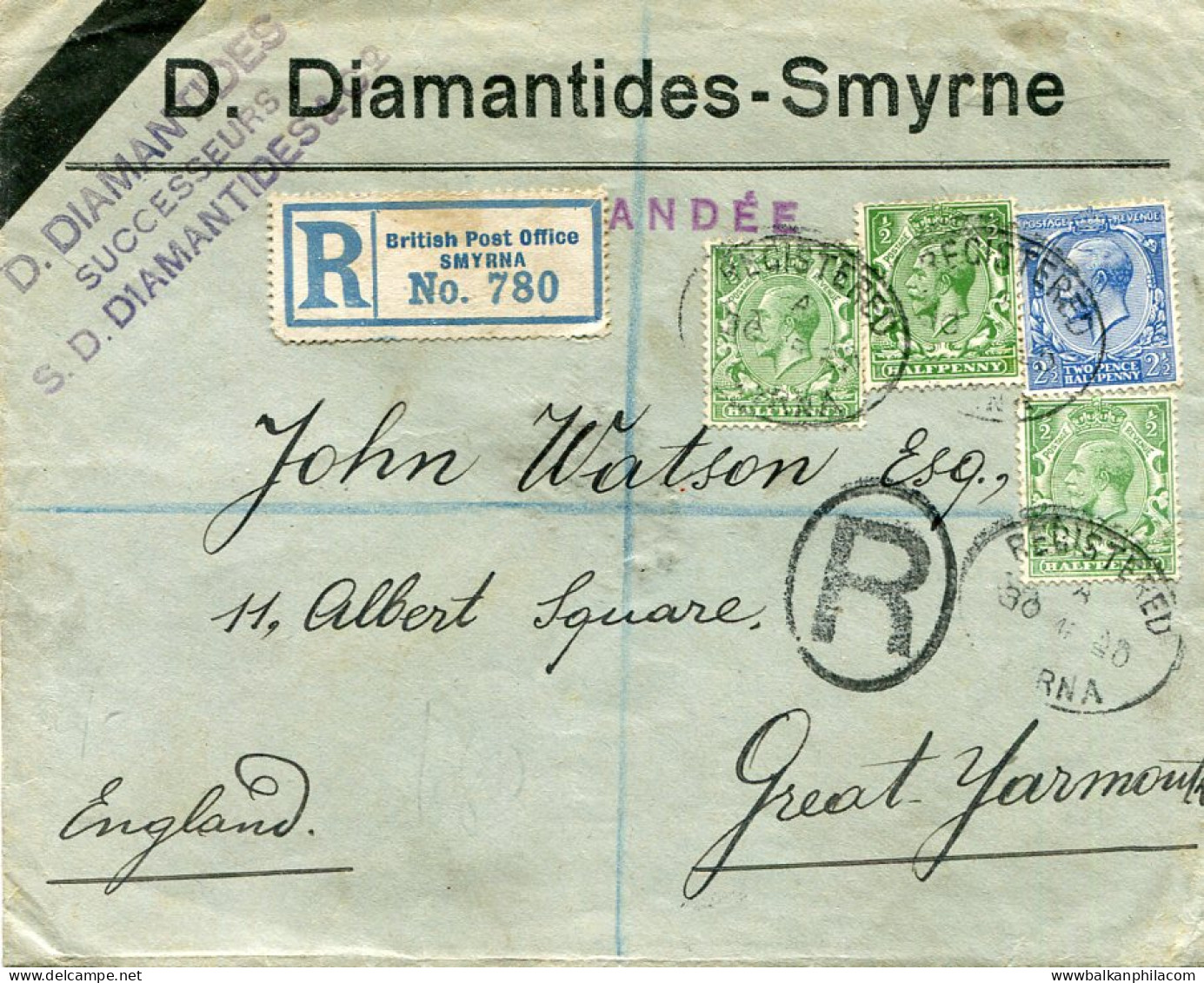 1920 British Levant Smyrna Registered Commercial Cover - Levant Britannique