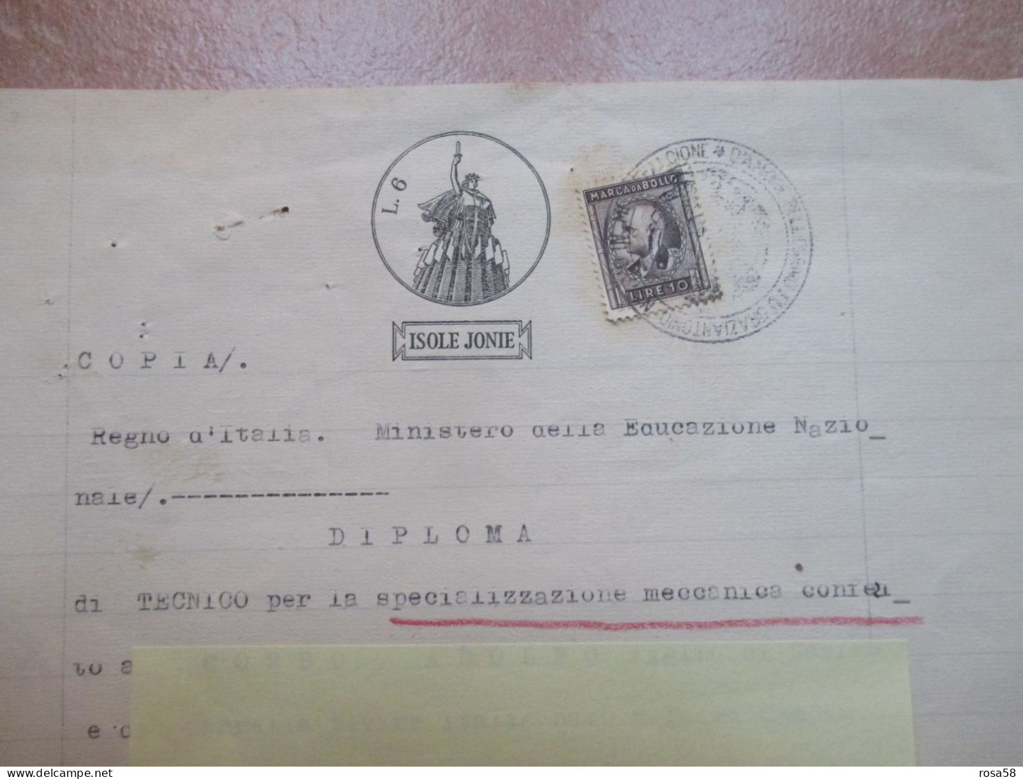 CARTA Da BOLLO Isole IONIE Lire 6 + Marca Bollo Italia Lire 10 Vittorio Emanuele Su Documento - Autres & Non Classés