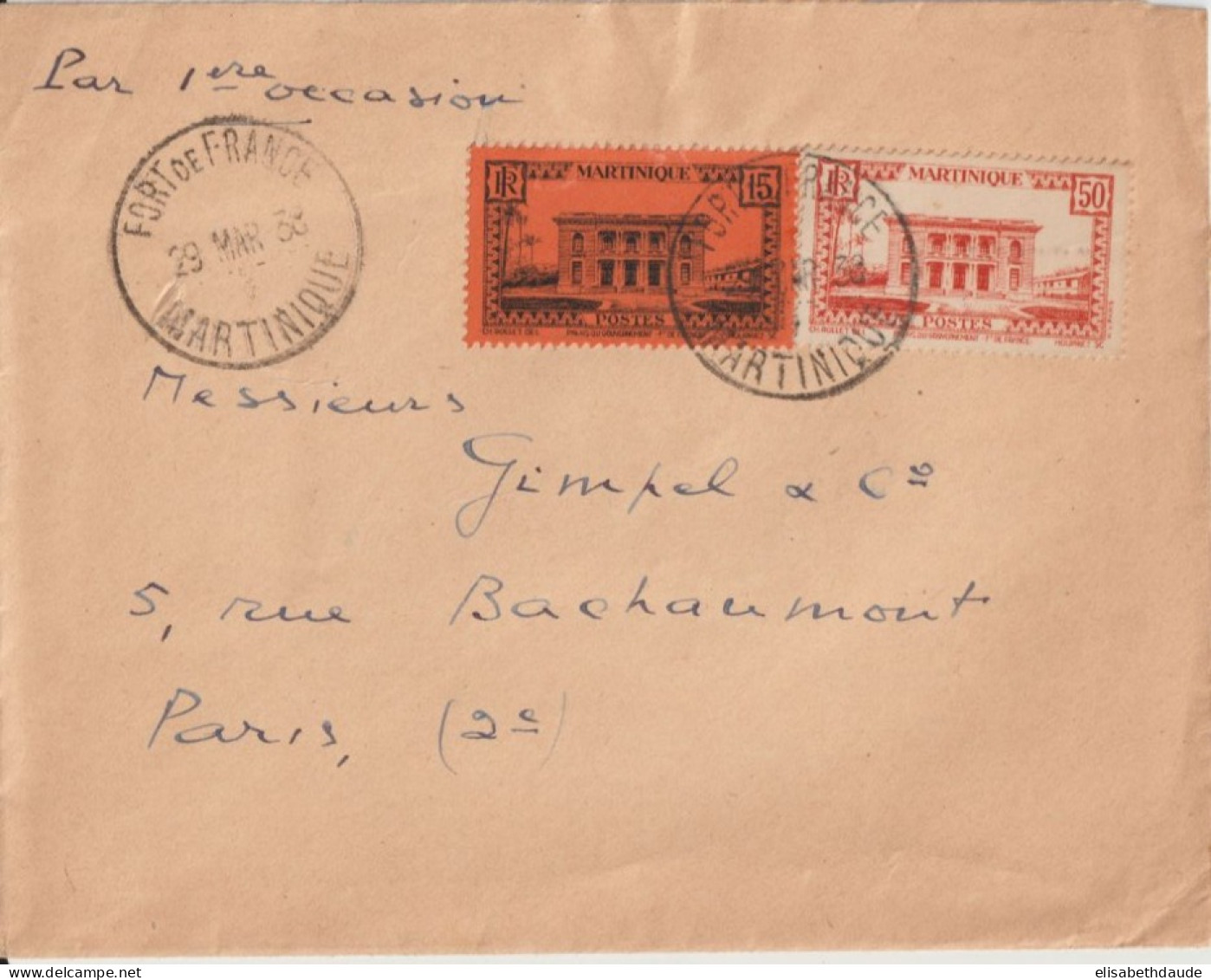 1938 - MARTINIQUE - ENVELOPPE De FORT DE FRANCE PAR 1° OCCASION ! => PARIS - Storia Postale