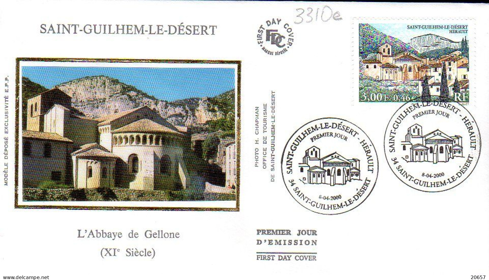 France 3310e Fdc Abbaye De Gellone, Saint-Guilhem-le-Désert - Abbeys & Monasteries