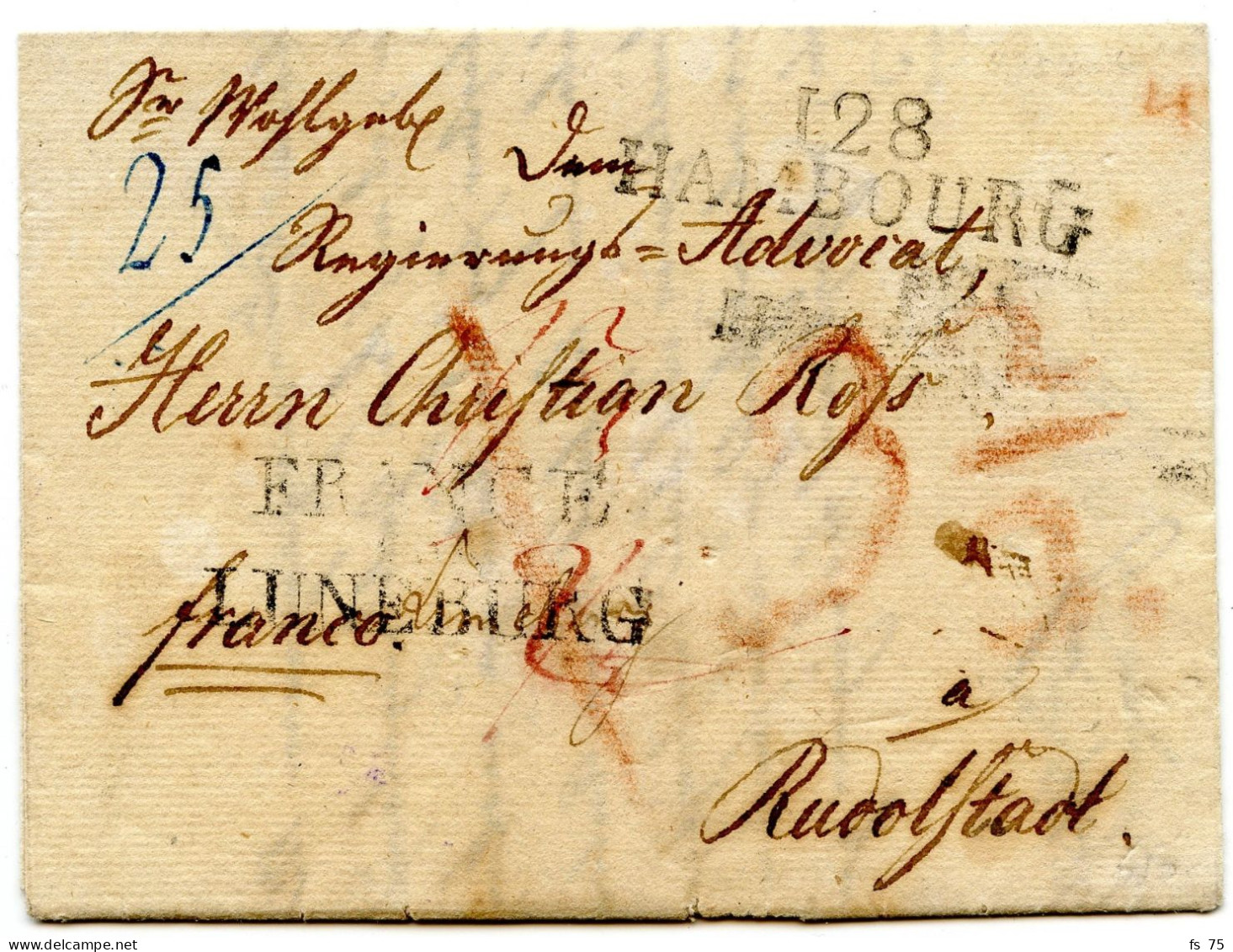 ALLEMAGNE - 128 HAMBOURG + FRANCE PAR LUNEBURG, 1812 - Vorphilatelie