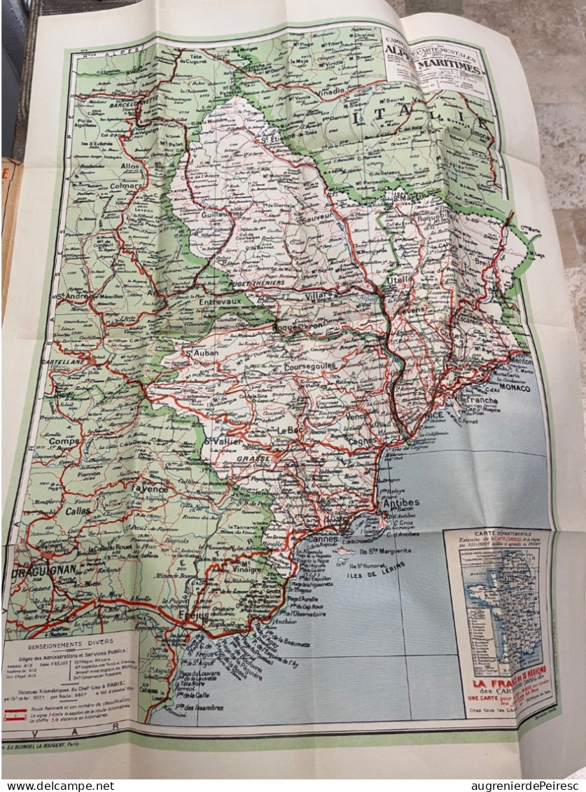 Carte Routière Blondel La Rougery Années 20 Alpes Maritimes - Cartes Routières