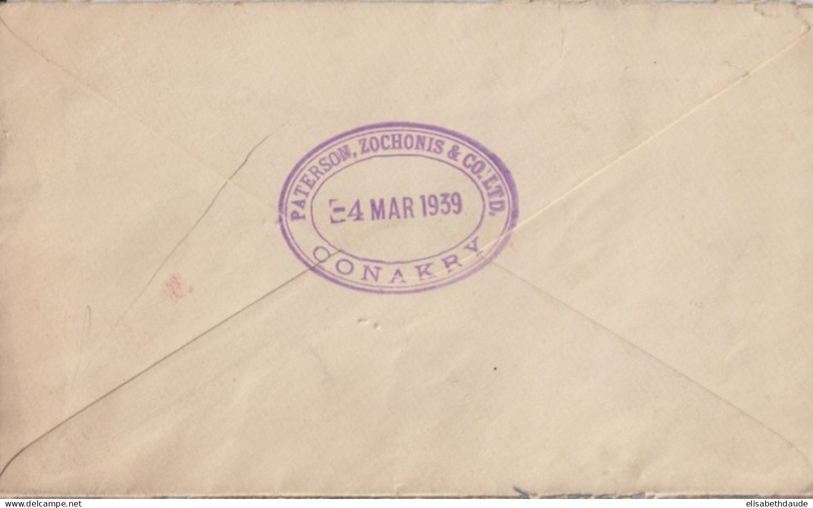 1939 - GUINEE - CACHET COMMERCIAL DATE AU DOS ! ENVELOPPE De CONAKRY => PARIS - Covers & Documents