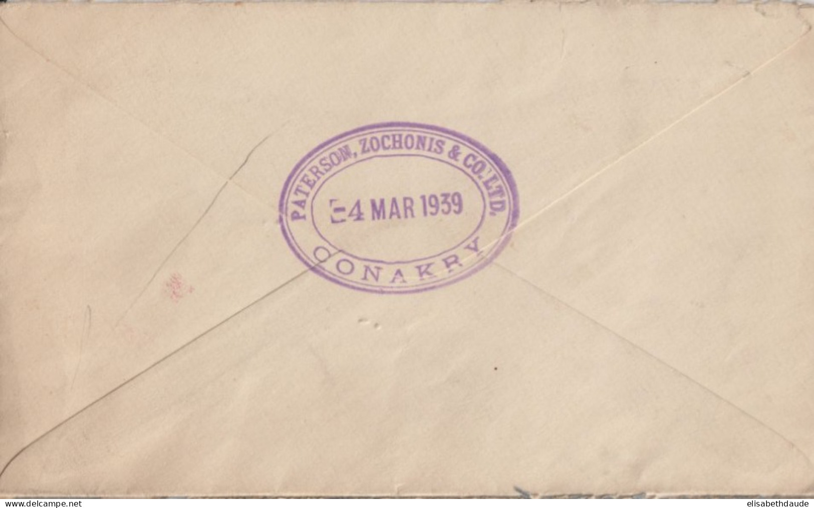 1939 - GUINEE - CACHET COMMERCIAL DATE AU DOS ! ENVELOPPE De CONAKRY => PARIS - Storia Postale