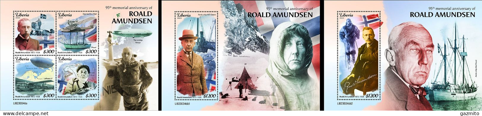 Liberia 2023, Explorers, Amundsen, 4val In BF+2BF - Explorateurs & Célébrités Polaires