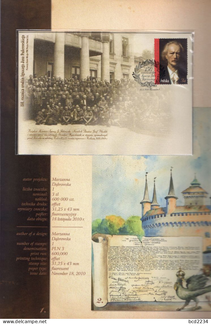 POLAND 2010 POLISH POST OFFICE LIMITED EDITION FOLDER: 150TH BIRTH ANNIV PADEREWSKI & FDC PLUS ENVELOPE MUSIC PM - Cartas & Documentos