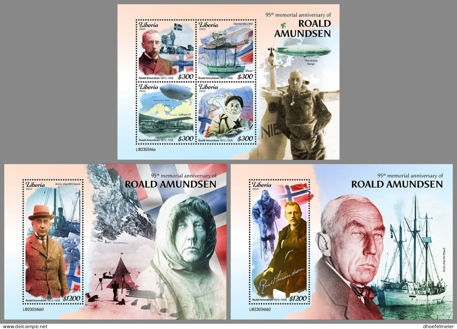LIBERIA 2023 MNH Roald Amundsen Polarforscher M/S+2S/S – OFFICIAL ISSUE – DHQ2411 - Polar Explorers & Famous People
