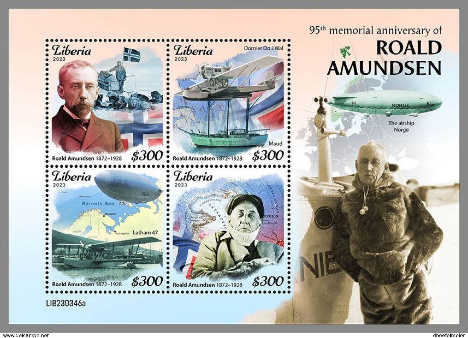 LIBERIA 2023 MNH Roald Amundsen Polarforscher M/S – IMPERFORATED – DHQ2411 - Poolreizigers & Beroemdheden