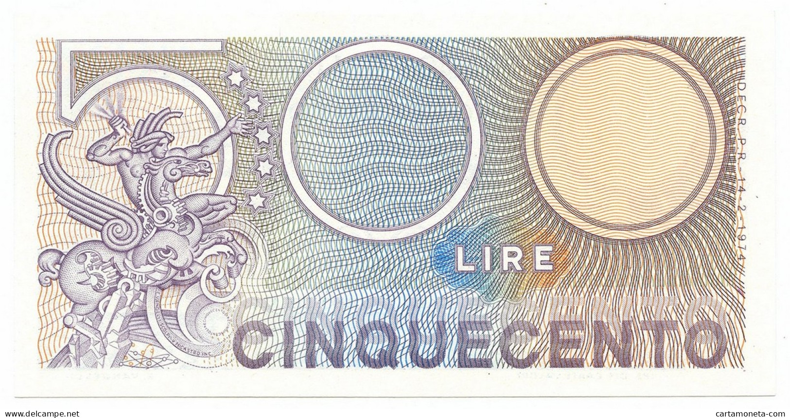 500 LIRE BIGLIETTO DI STATO MERCURIO 14/02/1974 FDS - Otros & Sin Clasificación