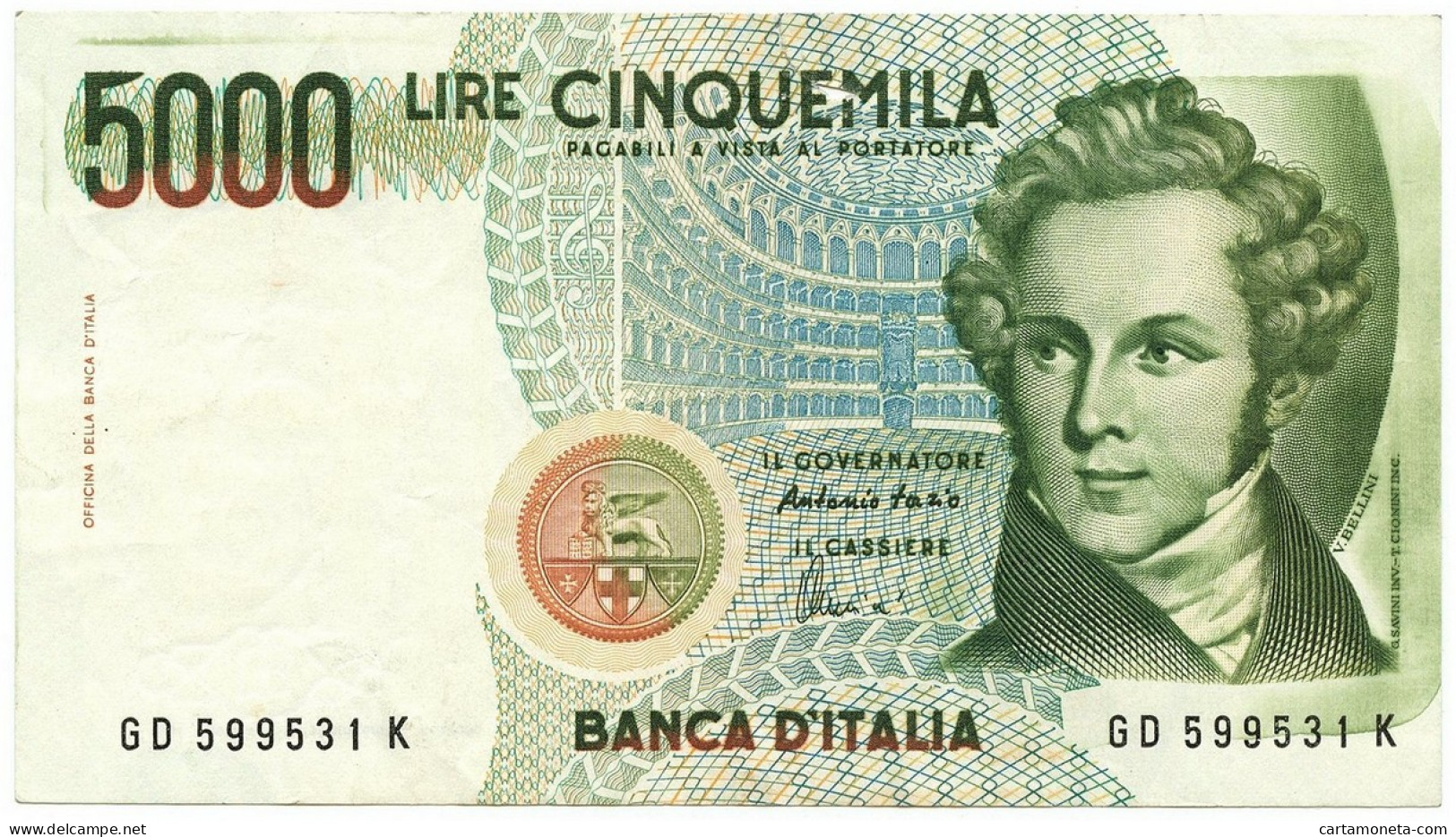 5000 LIRE ERRORE DI STAMPA INCHIOSTRO VINCENZO BELLINI LETT. D 26/11/1996 BB/BB+ - Altri & Non Classificati