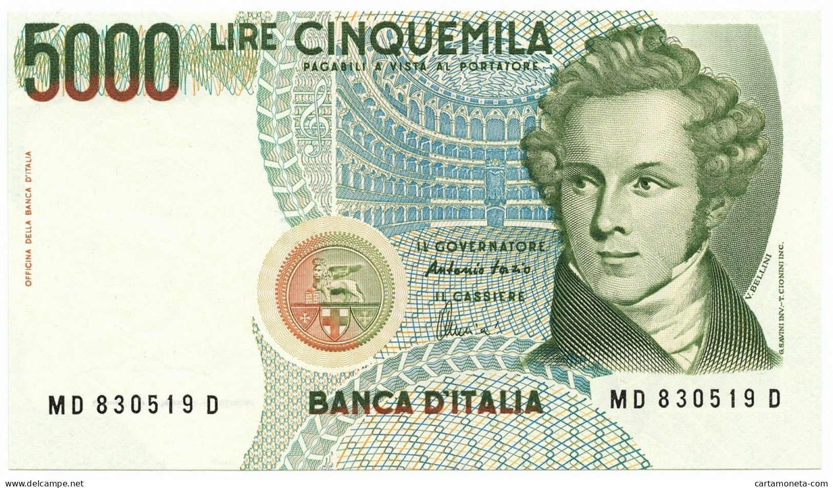 5000 LIRE ERRORE DI STAMPA DECENTRATA VINCENZO BELLINI LETTERA D 26/11/1996 QFDS - Andere & Zonder Classificatie