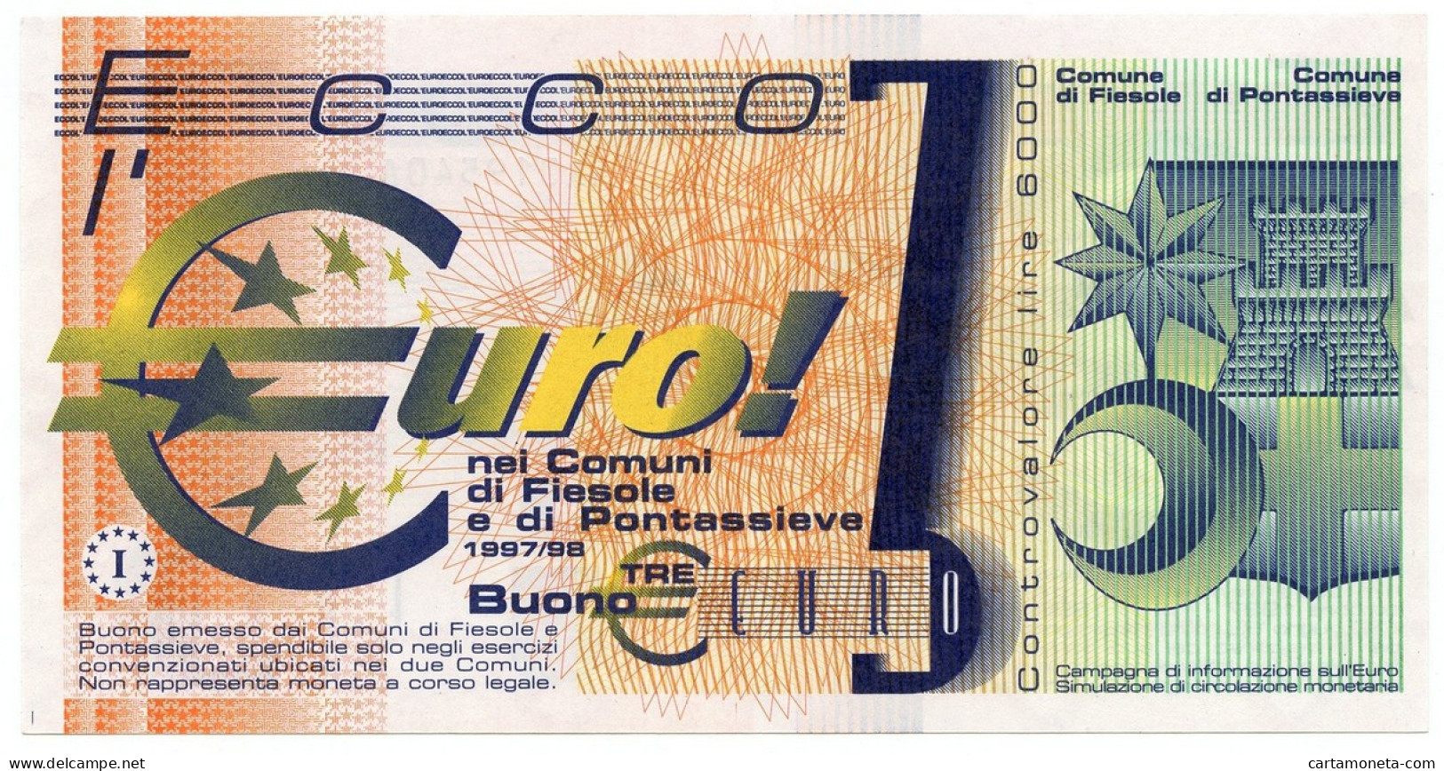 3 EURO BUONO COMUNI DI FIESOLE E PONTASSIEVE 1997/98 QFDS - Altri & Non Classificati