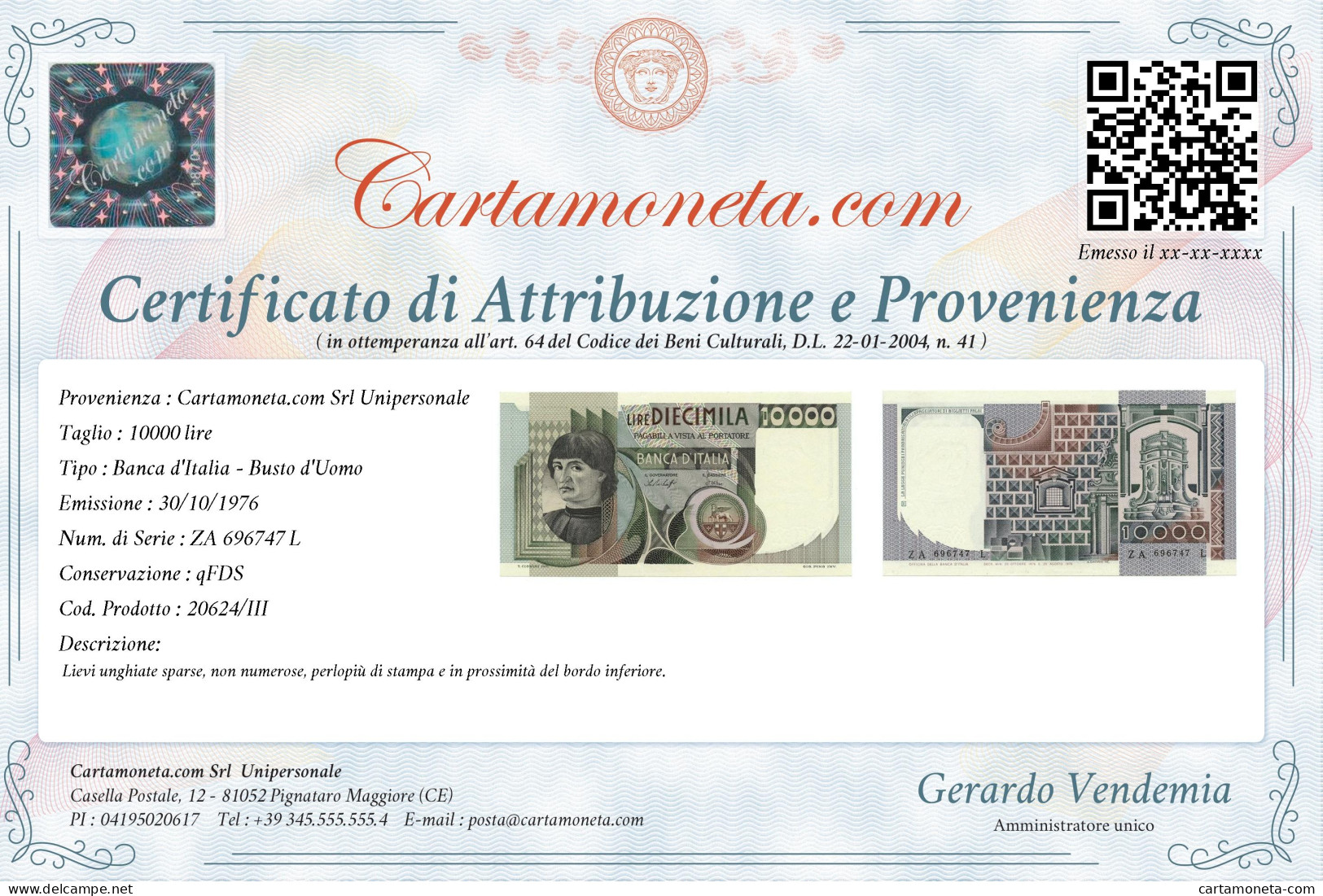 10000 LIRE RITRATTO D'UOMO A MEZZOBUSTO ANDREA DEL CASTAGNO 30/10/1976 QFDS - Other & Unclassified