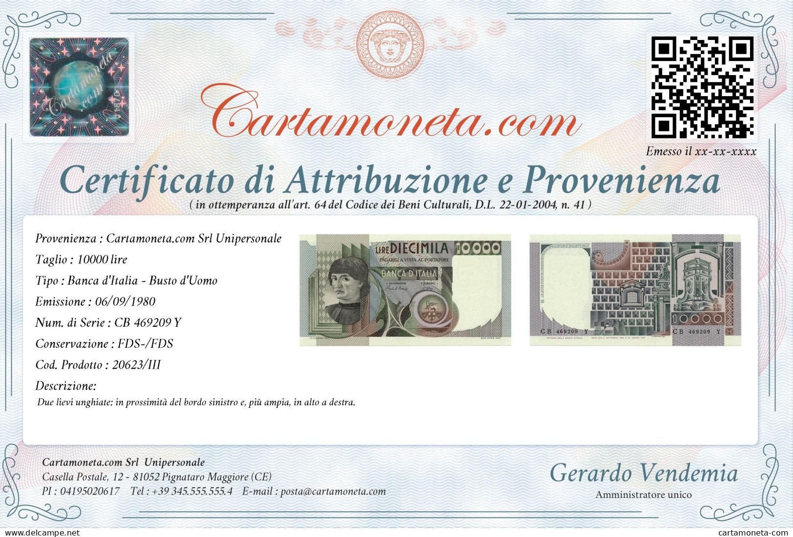 10000 LIRE RITRATTO D'UOMO A MEZZOBUSTO ANDREA DEL CASTAGNO 06/09/1980 FDS-/FDS - Altri & Non Classificati