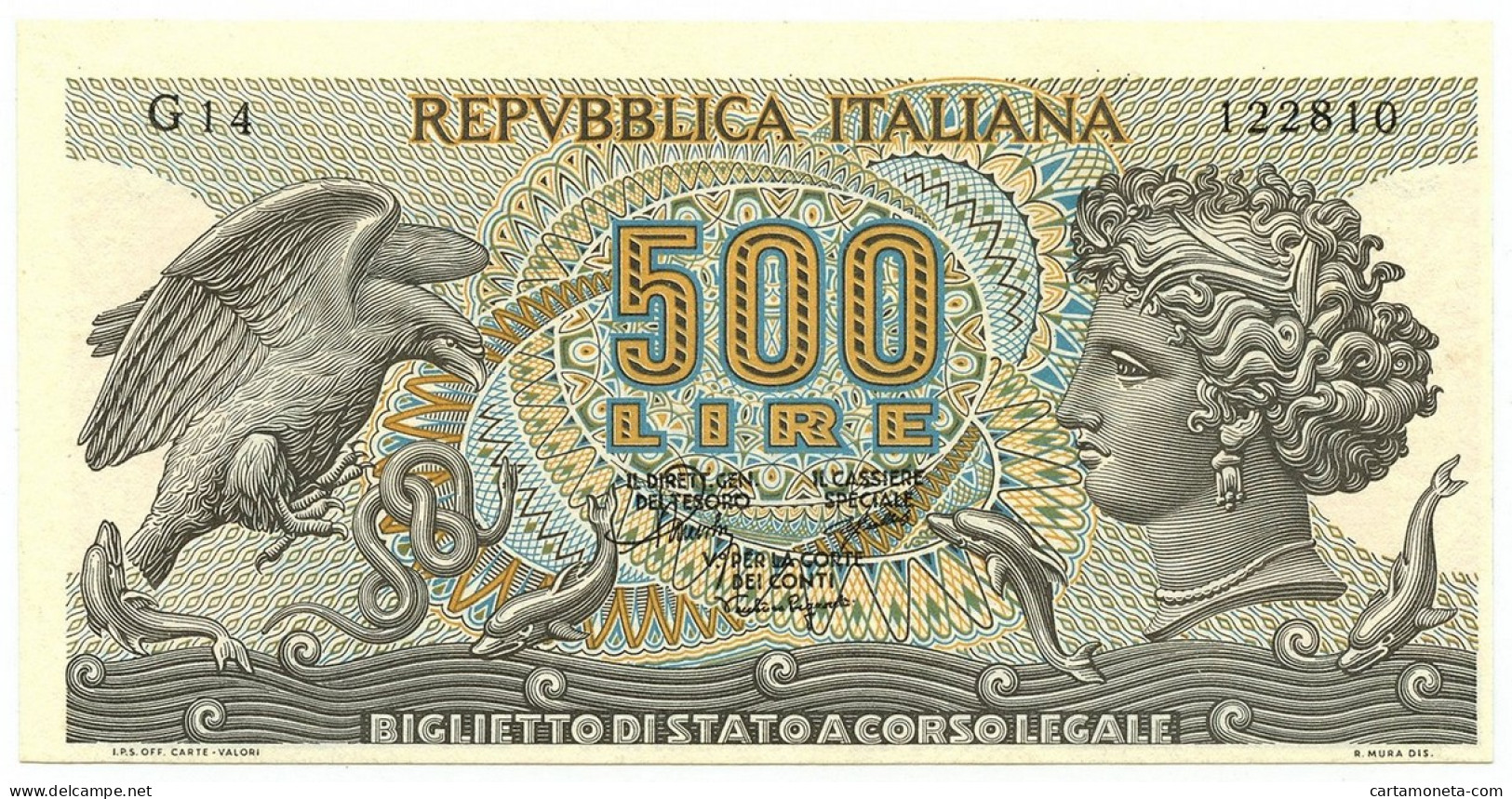 500 LIRE ERRORE DI STAMPA (DECENTRATA) BIGLIETTO DI STATO ARETUSA 20/10/1967 SPL - Otros & Sin Clasificación