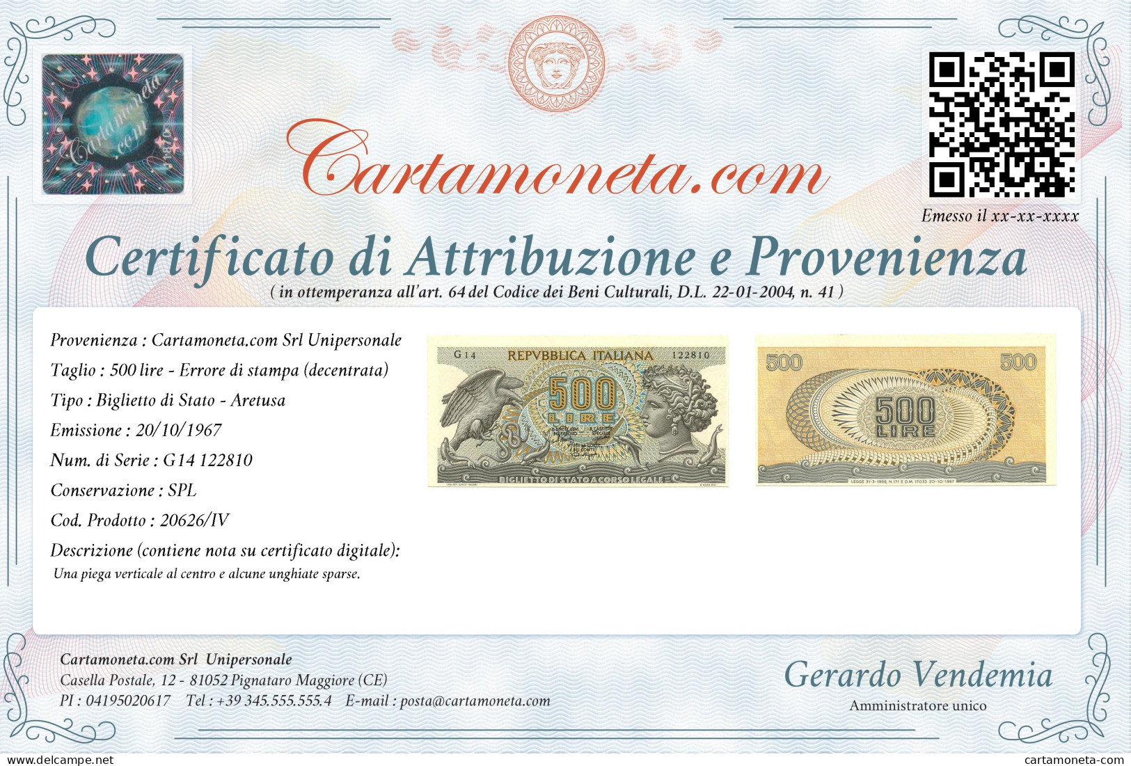 500 LIRE ERRORE DI STAMPA (DECENTRATA) BIGLIETTO DI STATO ARETUSA 20/10/1967 SPL - Other & Unclassified