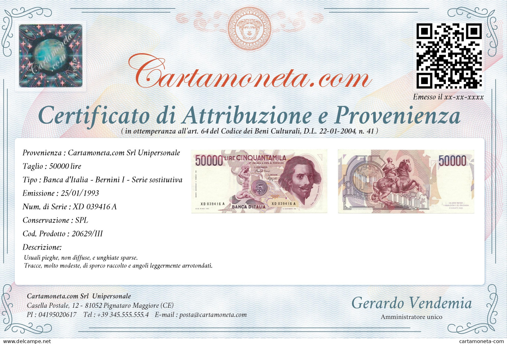 50000 LIRE GIAN LORENZO BERNINI I TIPO SERIE SOSTITUTIVA XD 25/01/1993 SPL - Other & Unclassified