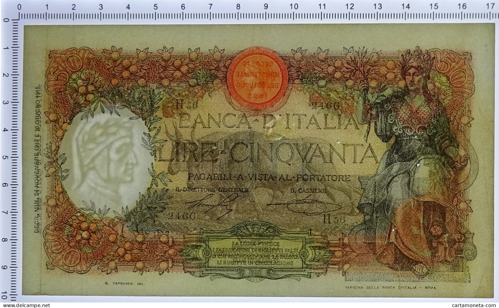 50 LIRE CAPRANESI BUOI TESTINA DECRETO 24/11/1917 BB+ - Otros