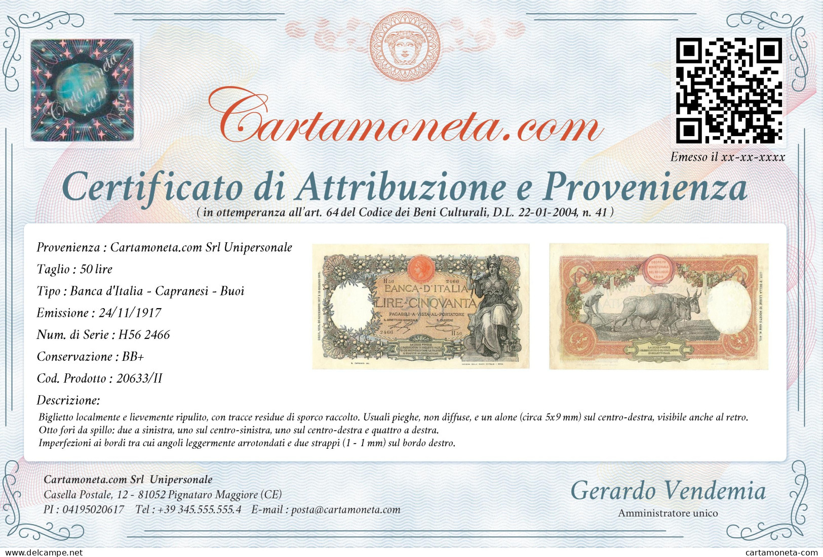 50 LIRE CAPRANESI BUOI TESTINA DECRETO 24/11/1917 BB+ - Andere