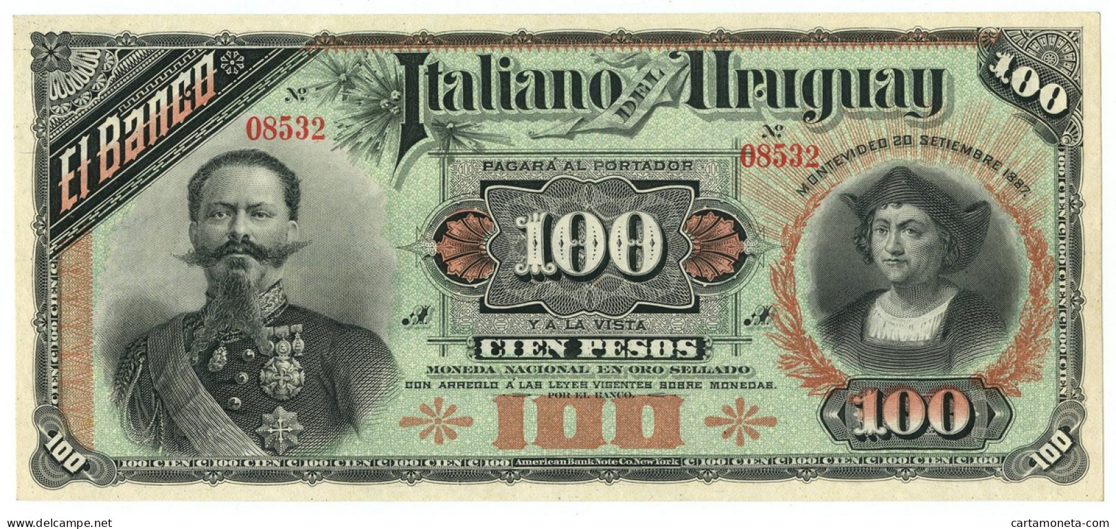 100 PESOS EL BANCO ITALIANO DELL'URUGUAY MONTEVIDEO 20/09/1887 QFDS - [ 7] Errori & Varietà